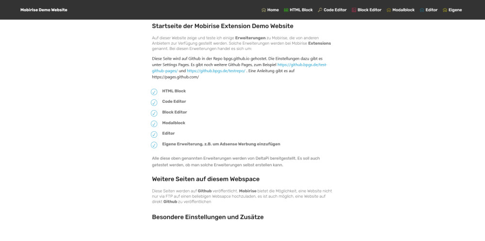 Mobirise Testwebsite auf github.bpgs.de